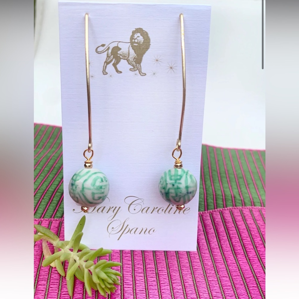 Mary Caroline Spano Chinoiserie wishbone earrings Mint Green